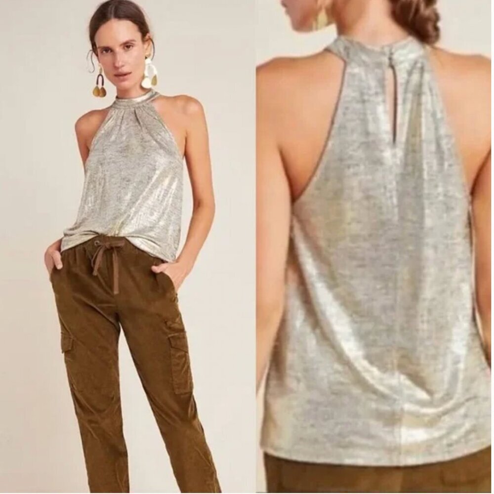 Anthropologie Sunday in Brooklyn Gold High Neck Halter Top Blouse Size Small